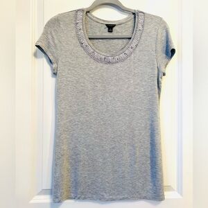 Ann Taylor Light Gray Short Sleeve Tee with "Pearl" and Crystal Embellishment